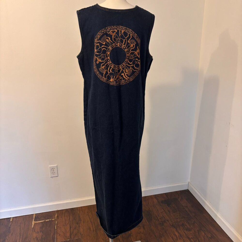 Vintage 90s Boho Dark Denim and Copper Embroidered Denim Maxi Dress Buttermom
